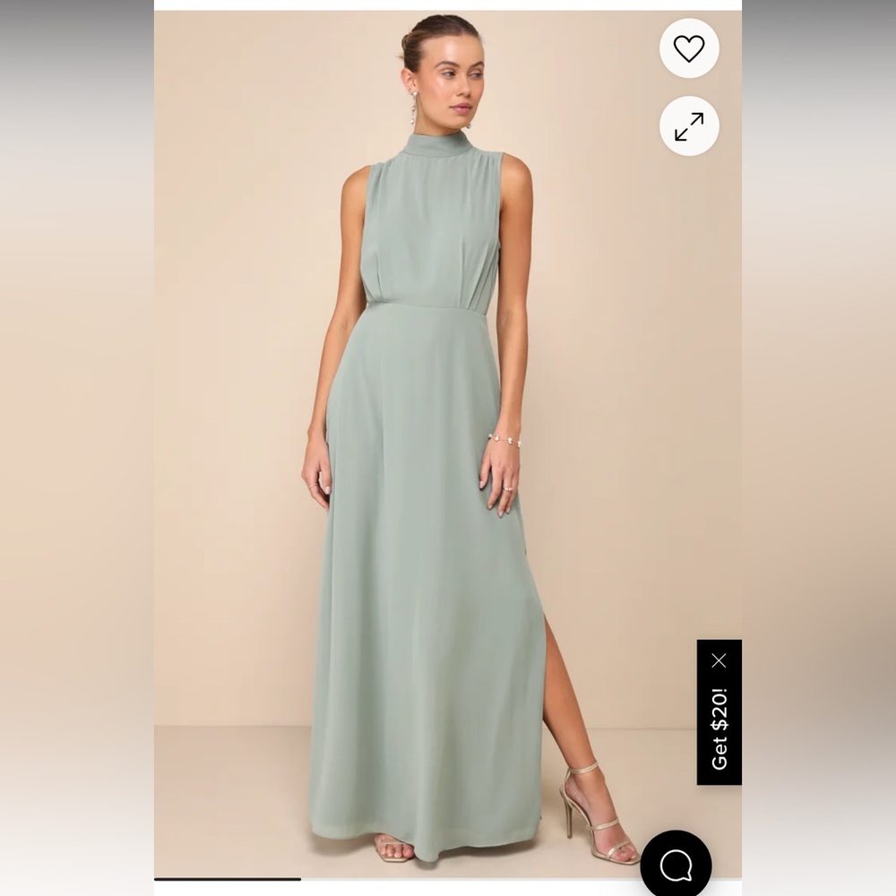 Lulu's Classic Elegance Sage Chiffon Sleeveless Mock Neck Maxi Dress